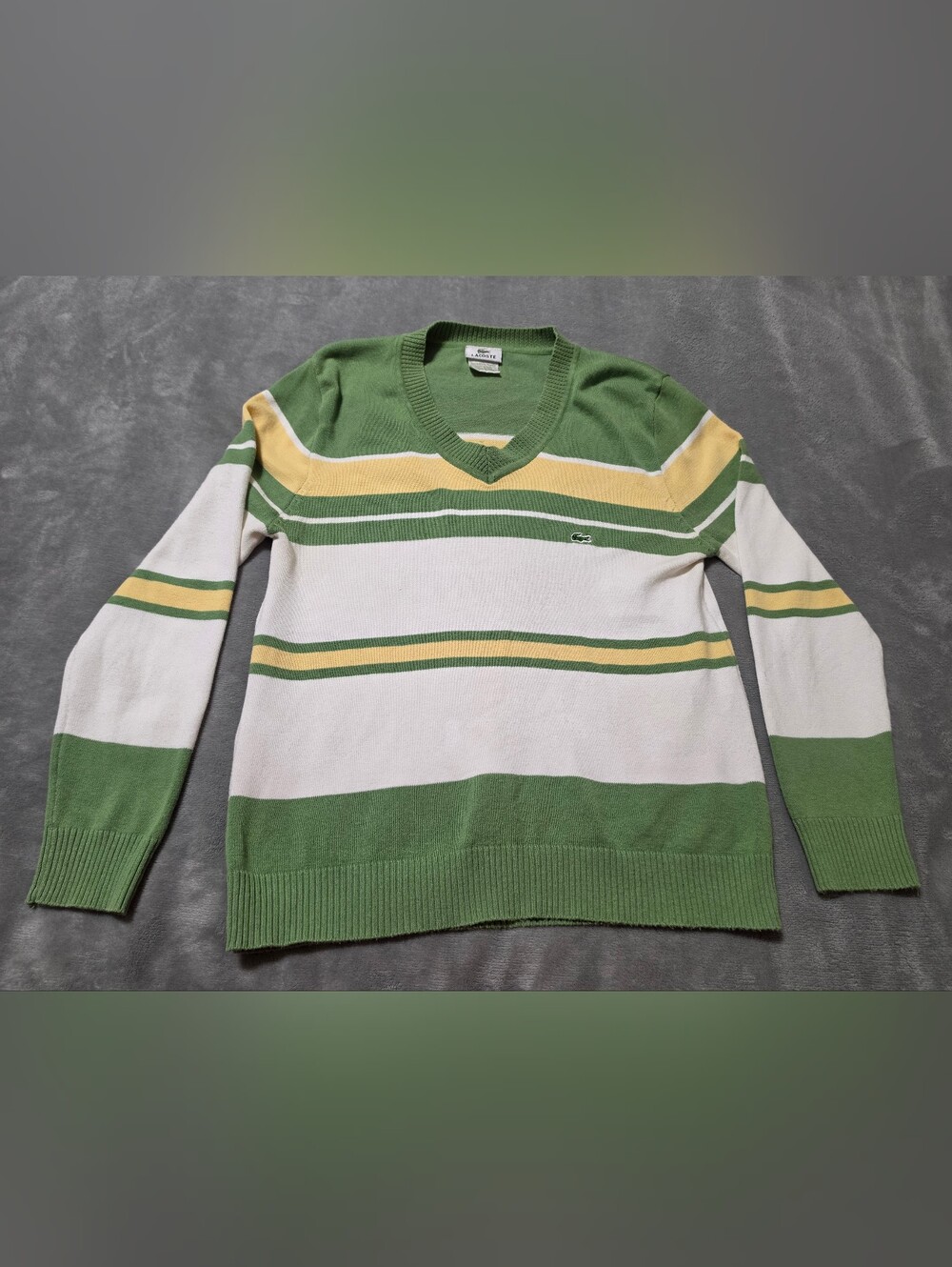 Lacoste Men's Green & White Striped V-Neck Sweater